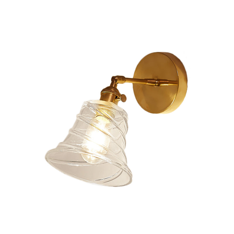 Lisslune | Flared Bedroom Wall Lighting Industrial Clear Swirl Glass 1 Light Brass Wall Lamp