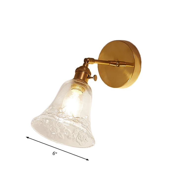 Lisslune | 1 Light Clear Glass Wall Scone Light Rustic Brass Bell Bedroom Lighting Fixture with Flower