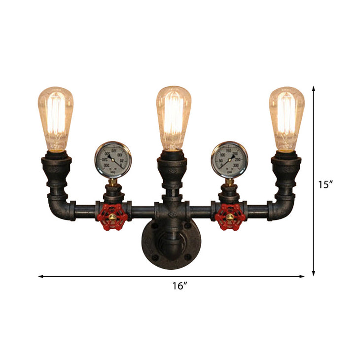 Skørter | 2/3 Lights Wall Mount Light with Pipe and Meter Metal Steampunk Restaurant Wall Lighting in Black