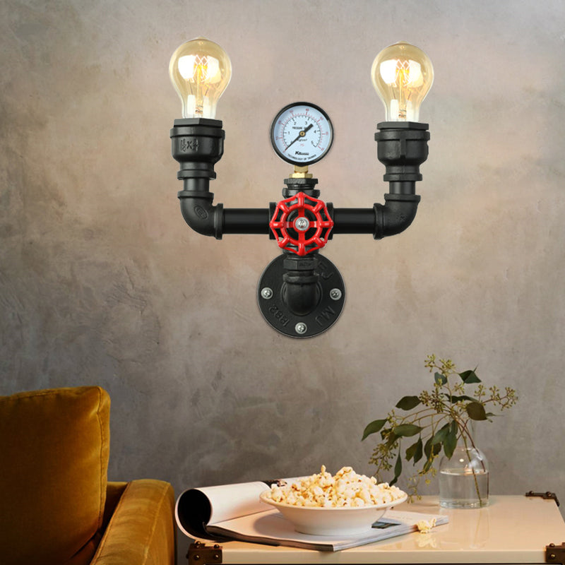 Skørter | 2/3 Lights Wall Mount Light with Pipe and Meter Metal Steampunk Restaurant Wall Lighting in Black