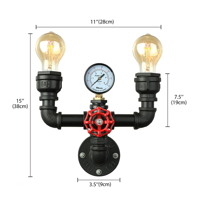 Skørter | 2/3 Lights Wall Mount Light with Pipe and Meter Metal Steampunk Restaurant Wall Lighting in Black