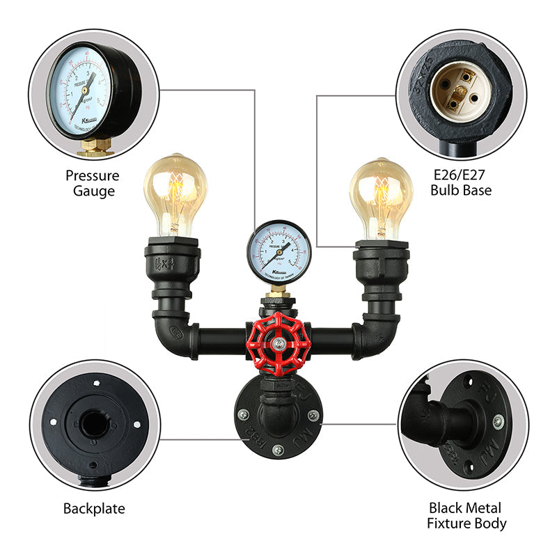 Skørter | 2/3 Lights Wall Mount Light with Pipe and Meter Metal Steampunk Restaurant Wall Lighting in Black