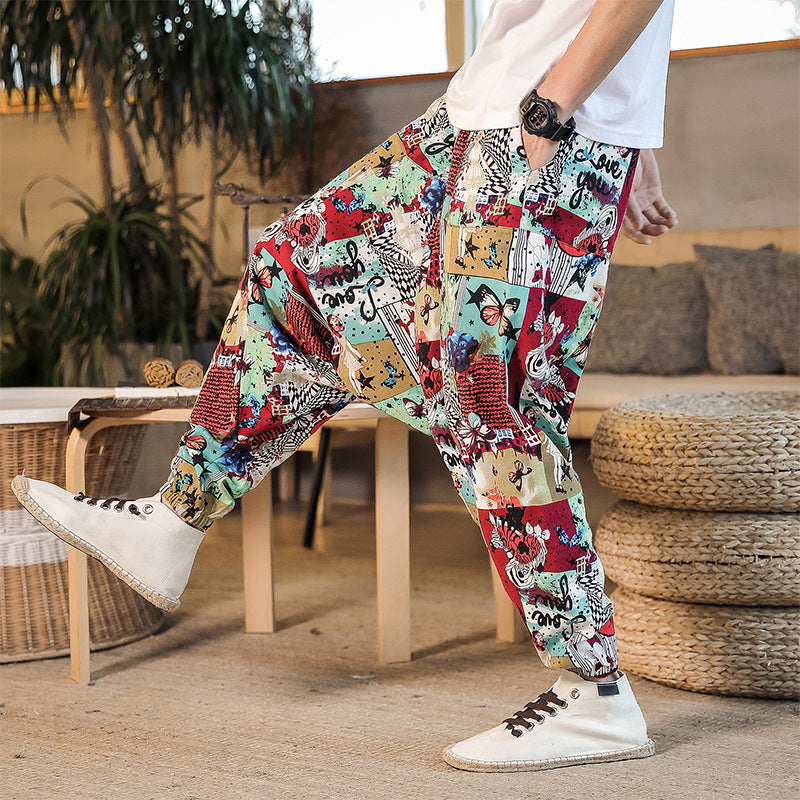 Men's casual harem pants with colorful art motif and elastic waistband Lisslune