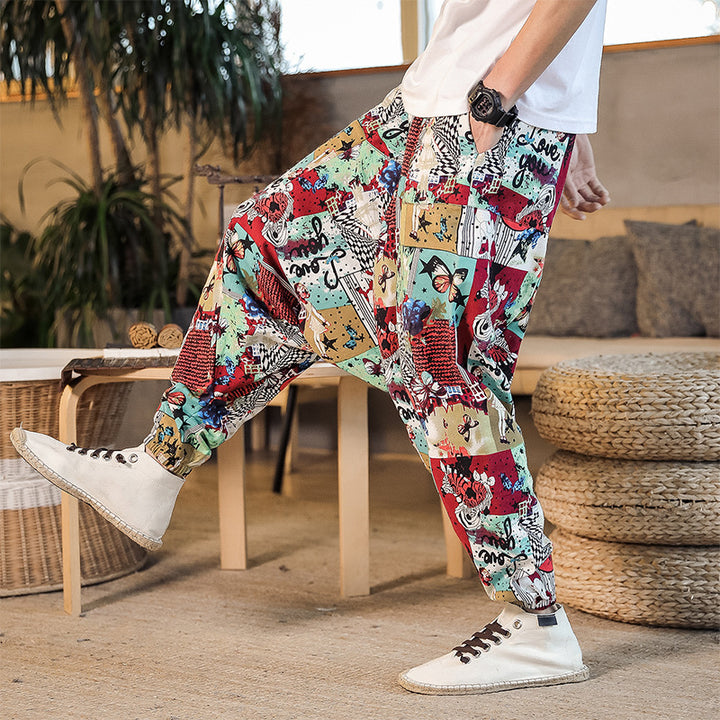 Men's casual harem pants with colorful art motif and elastic waistband Lisslune
