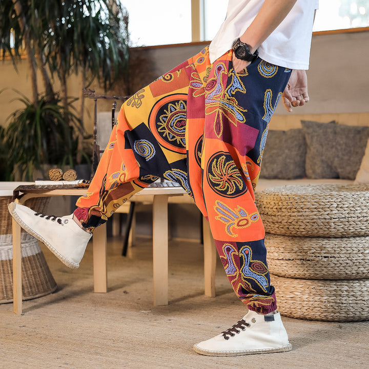 Men's casual harem pants with colorful art motif and elastic waistband Lisslune