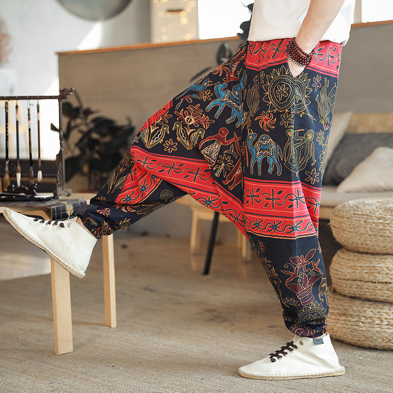 Men's casual harem pants with colorful art motif and elastic waistband Lisslune