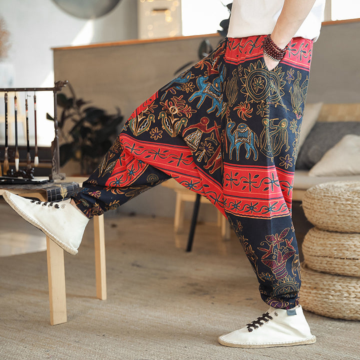 Men's casual harem pants with colorful art motif and elastic waistband Lisslune