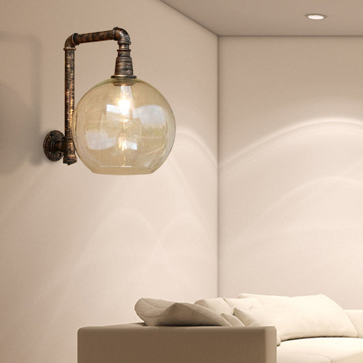 Lisslune | Globe Stairway Wall Lamp Industrial Clear Glass 1 Light Aged Brass Wall Mounted Light with Corner Pipe, 8"/10" Width