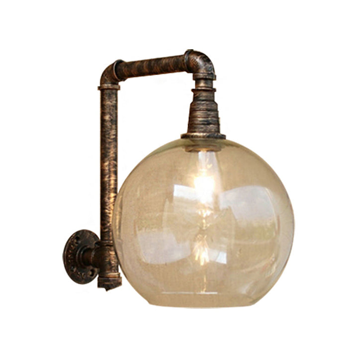 Lisslune | Globe Stairway Wall Lamp Industrial Clear Glass 1 Light Aged Brass Wall Mounted Light with Corner Pipe, 8"/10" Width
