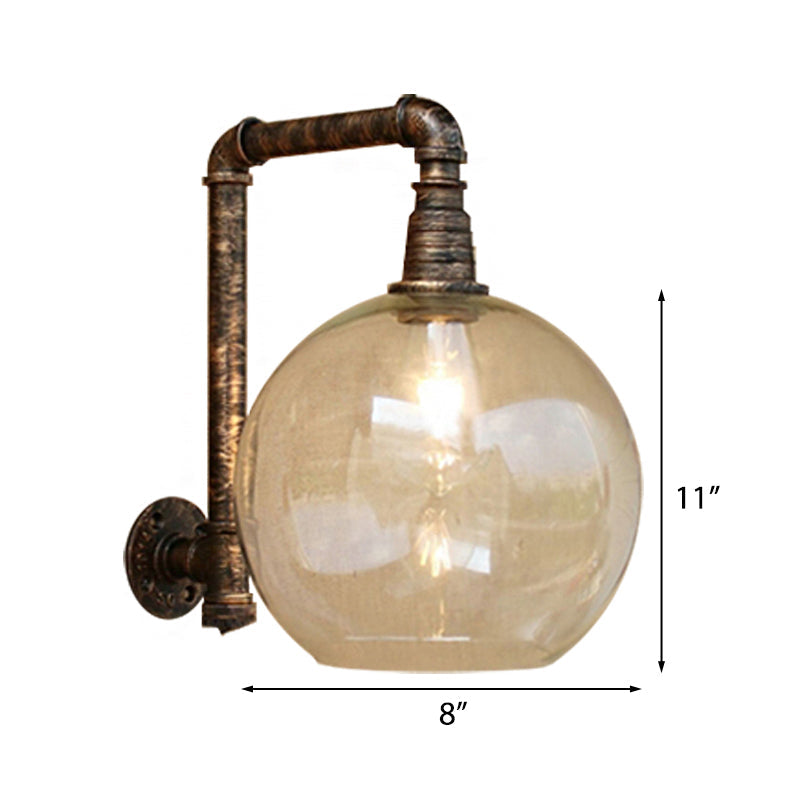 Lisslune | Globe Stairway Wall Lamp Industrial Clear Glass 1 Light Aged Brass Wall Mounted Light with Corner Pipe, 8"/10" Width