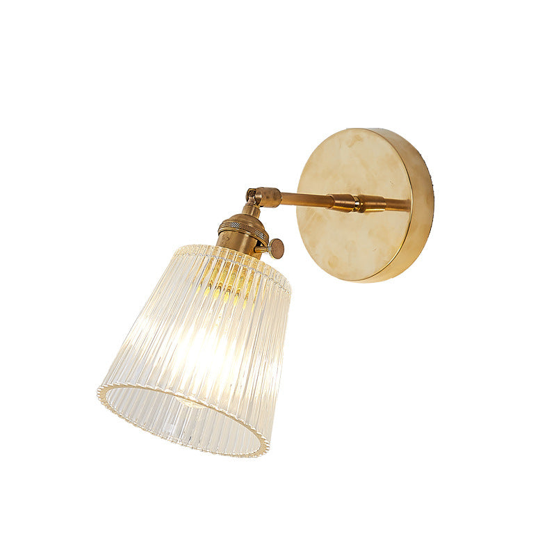 Lisslune | 1 Light Clear Ribbed Glass Wall Lamp Light Industrial Brass Cone Living Room Lighting Fixture
