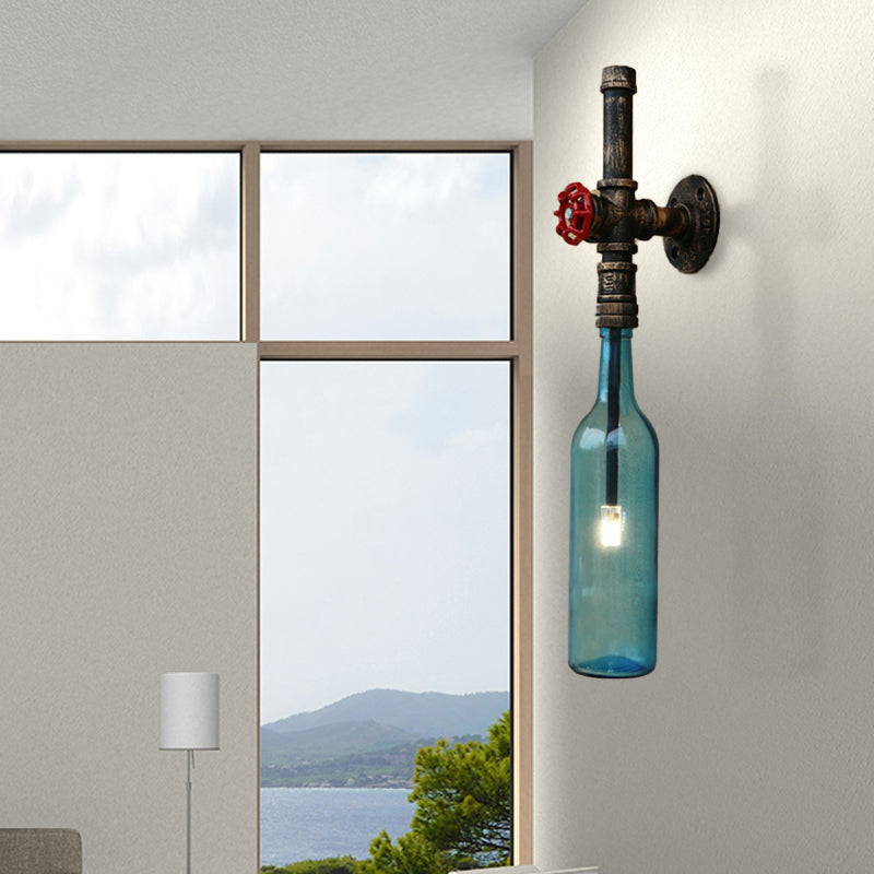 Skørter | Glass wine bottle wall lighting rustic industrial 1 light restaurant blue/transparent wall lamp light with red cap