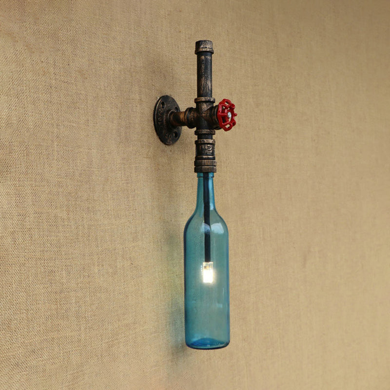 Skørter | Glass wine bottle wall lighting rustic industrial 1 light restaurant blue/transparent wall lamp light with red cap