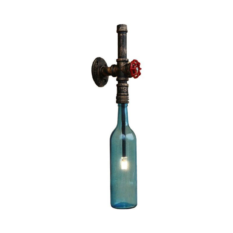 Skørter | Glass wine bottle wall lighting rustic industrial 1 light restaurant blue/transparent wall lamp light with red cap