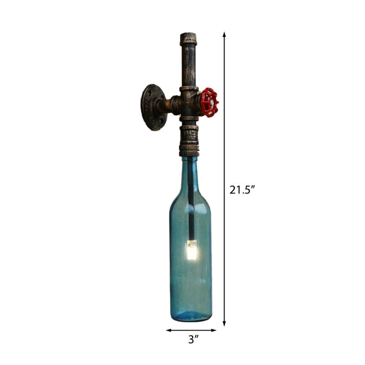 Skørter | Glass wine bottle wall lighting rustic industrial 1 light restaurant blue/transparent wall lamp light with red cap