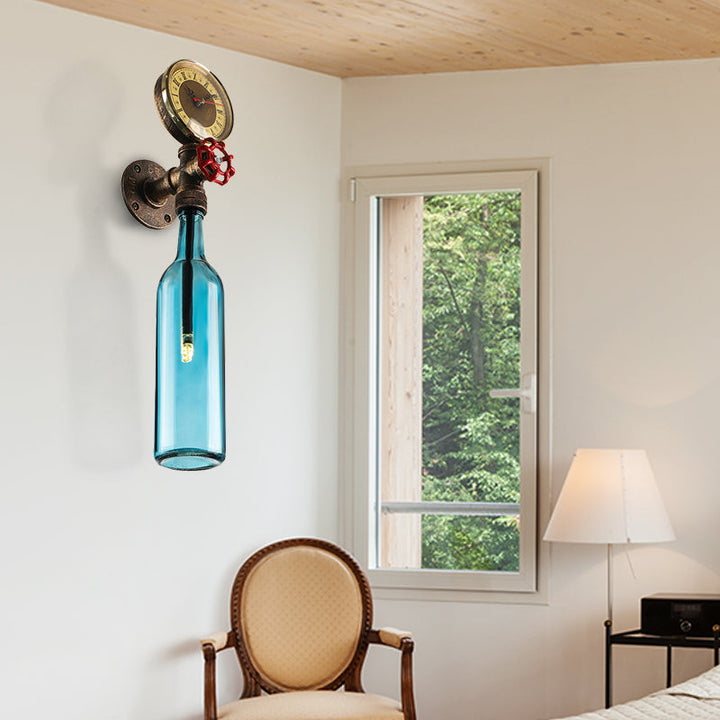 Lisslune | Brown/Blue Bottle Wall Sconce Lamp Vintage Stylish Glass 1 Bulb Living Room Wall Lighting with Manometer and Valve