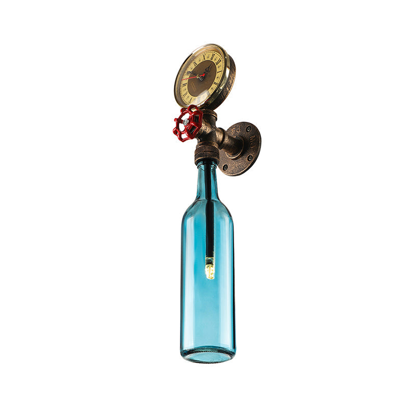 Lisslune | Brown/Blue Bottle Wall Sconce Lamp Vintage Stylish Glass 1 Bulb Living Room Wall Lighting with Manometer and Valve