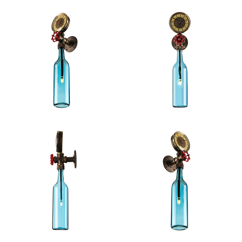 Lisslune | Brown/Blue Bottle Wall Sconce Lamp Vintage Stylish Glass 1 Bulb Living Room Wall Lighting with Manometer and Valve