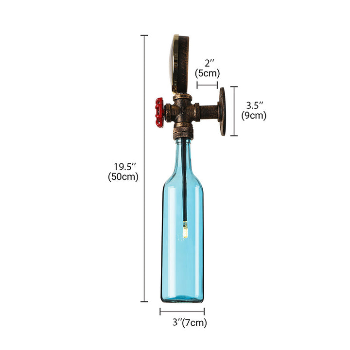 Lisslune | Brown/Blue Bottle Wall Sconce Lamp Vintage Stylish Glass 1 Bulb Living Room Wall Lighting with Manometer and Valve