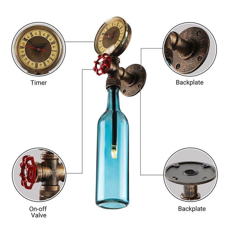 Lisslune | Brown/Blue Bottle Wall Sconce Lamp Vintage Stylish Glass 1 Bulb Living Room Wall Lighting with Manometer and Valve