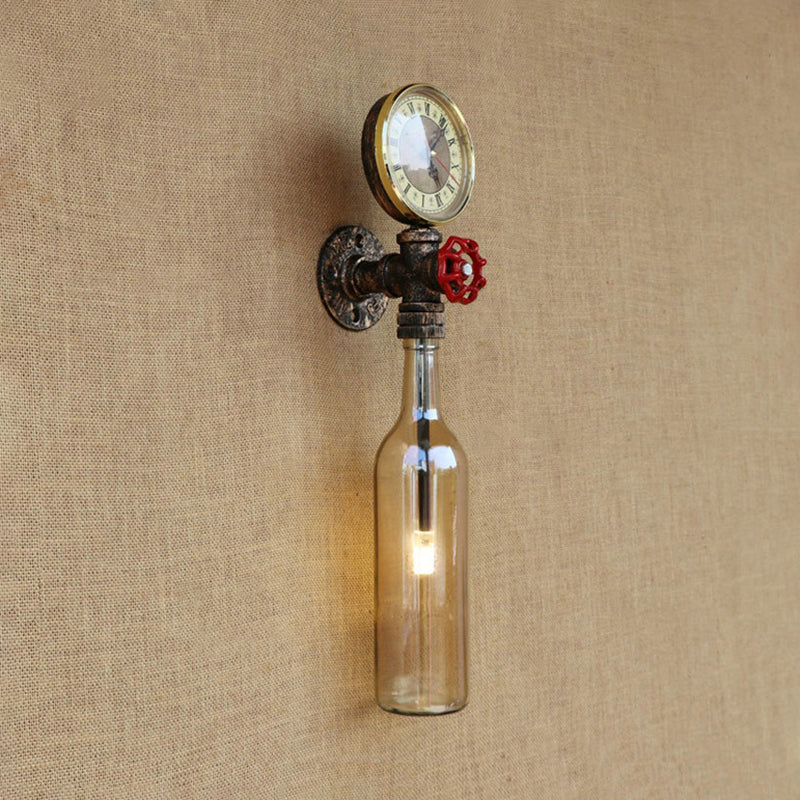 Lisslune | Brown/Blue Bottle Wall Sconce Lamp Vintage Stylish Glass 1 Bulb Living Room Wall Lighting with Manometer and Valve