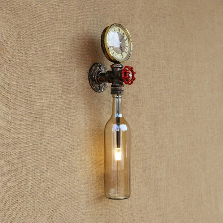 Lisslune | Brown/Blue Bottle Wall Sconce Lamp Vintage Stylish Glass 1 Bulb Living Room Wall Lighting with Manometer and Valve