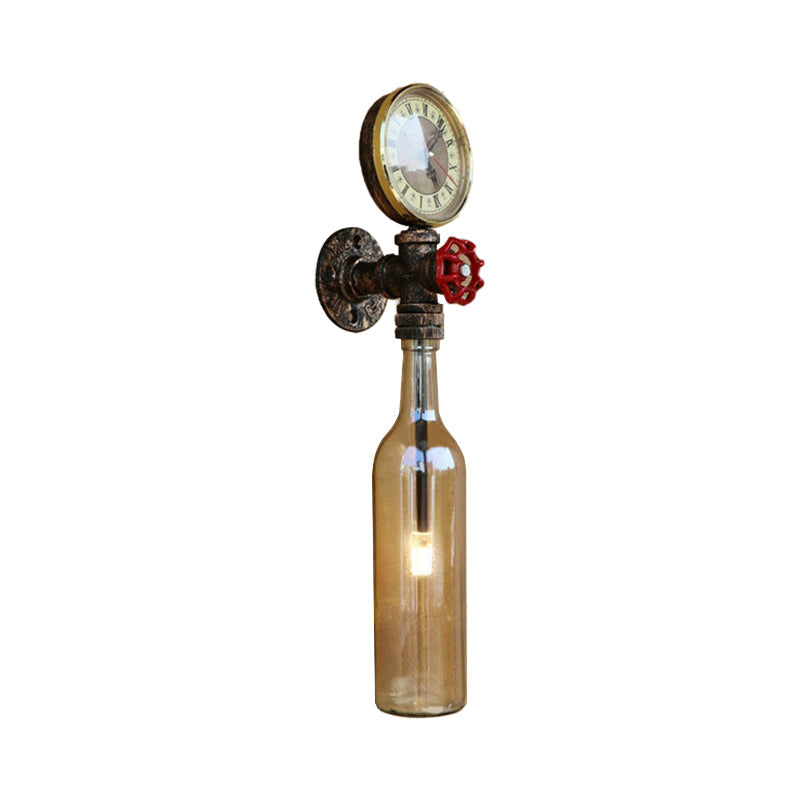 Lisslune | Brown/Blue Bottle Wall Sconce Lamp Vintage Stylish Glass 1 Bulb Living Room Wall Lighting with Manometer and Valve