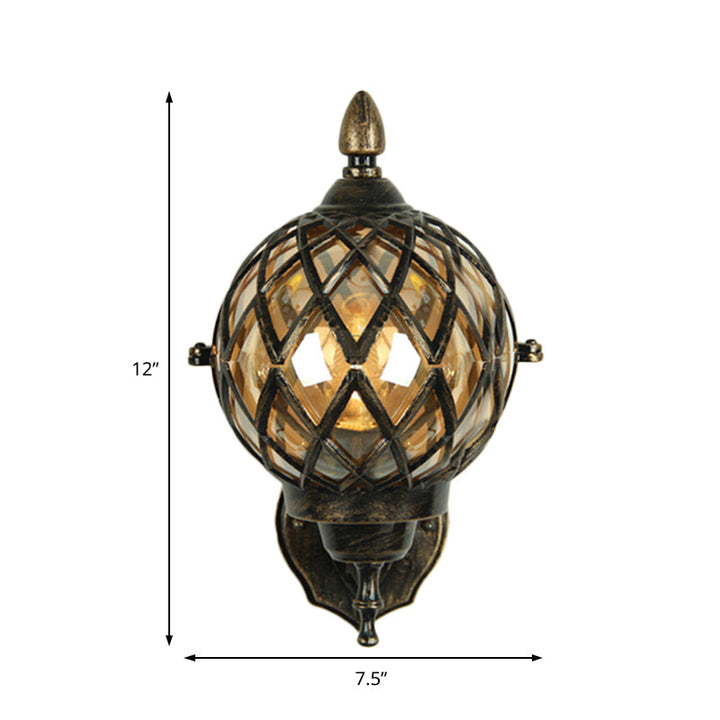 Lisslune | 1 Light Amber Glass Wall Lamp Light Industrial Black Ball Dining Room Lighting Fixture with Cage