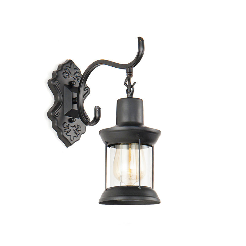 Lisslune | Lantern Clear Glass Wall Mounted Lamp Vintage Single Bulb Outdoor Wall Light in Black with Carved Pattern