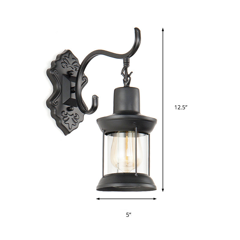Lisslune | Lantern Clear Glass Wall Mounted Lamp Vintage Single Bulb Outdoor Wall Light in Black with Carved Pattern