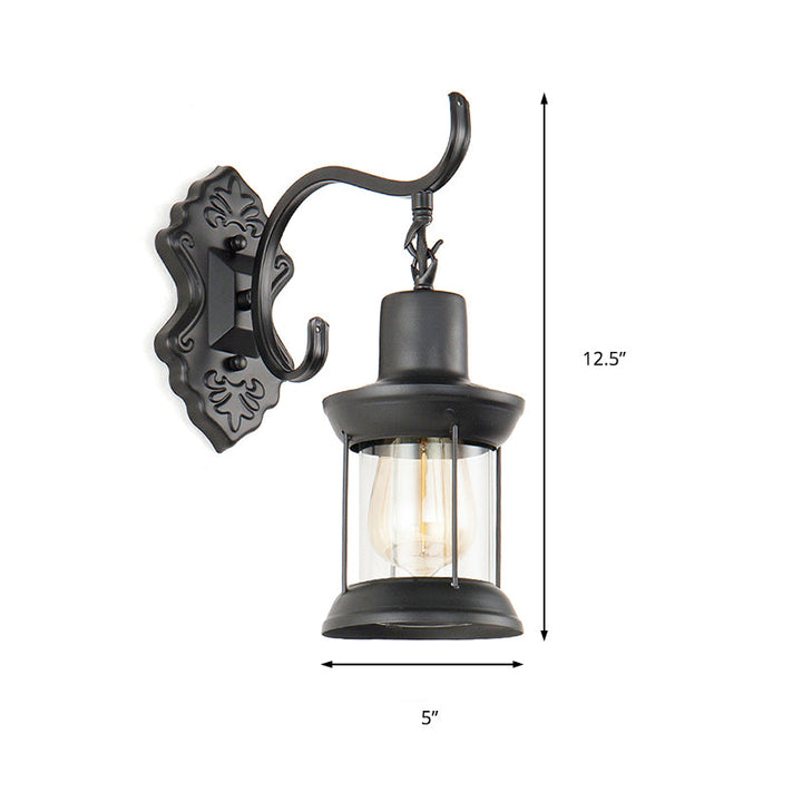 Lisslune | Lantern Clear Glass Wall Mounted Lamp Vintage Single Bulb Outdoor Wall Light in Black with Carved Pattern