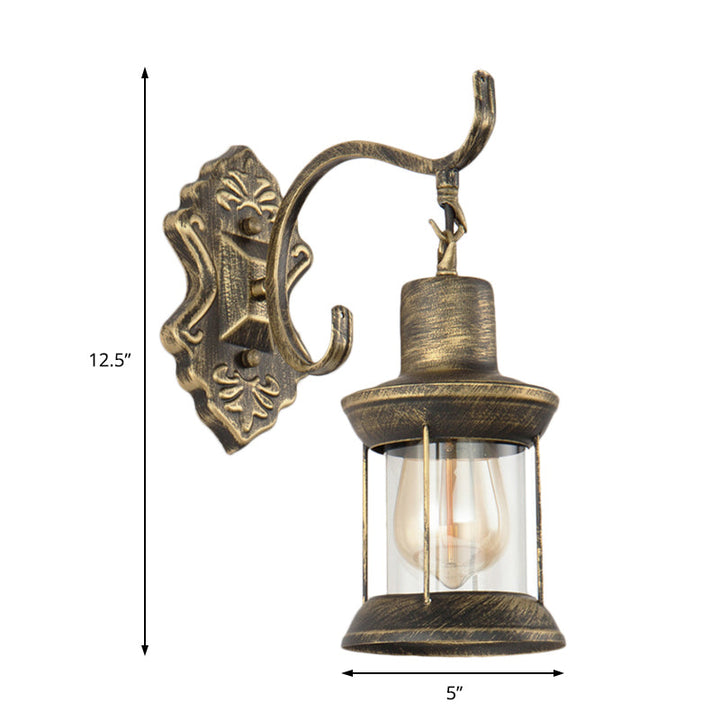 Lisslune | 1 Light Bulb Kerosene Wall Mounted Light Rustic Style Aged Bronze Clear Glass Lighting with Engraved Pattern