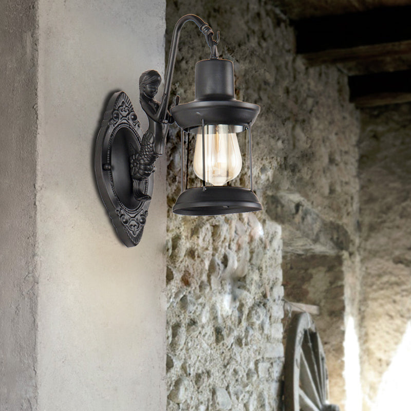 Skørter | 1 Light Clear Glass Wall Sconce Light Industrial Black Lantern Outdoor Lighting Fixture with Mermaid Decoration