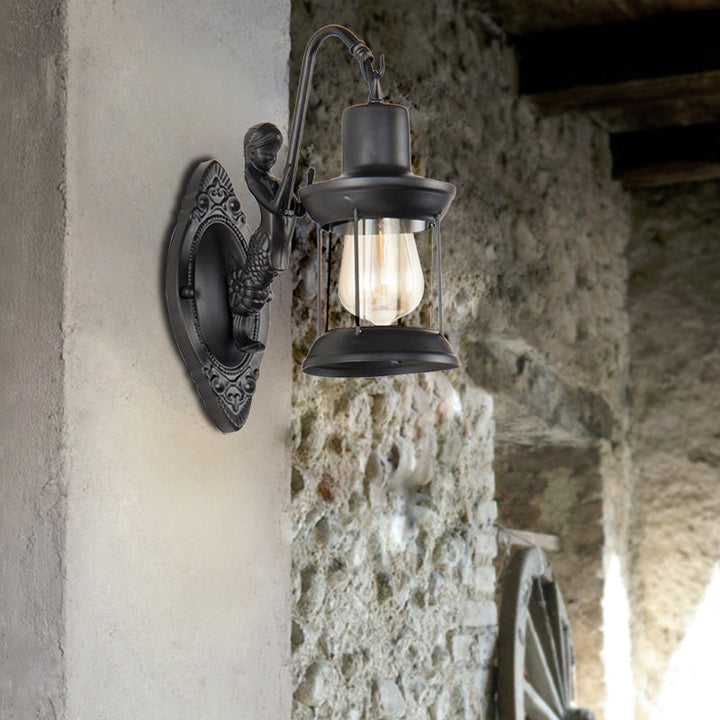 Skørter | 1 Light Clear Glass Wall Sconce Light Industrial Black Lantern Outdoor Lighting Fixture with Mermaid Decoration