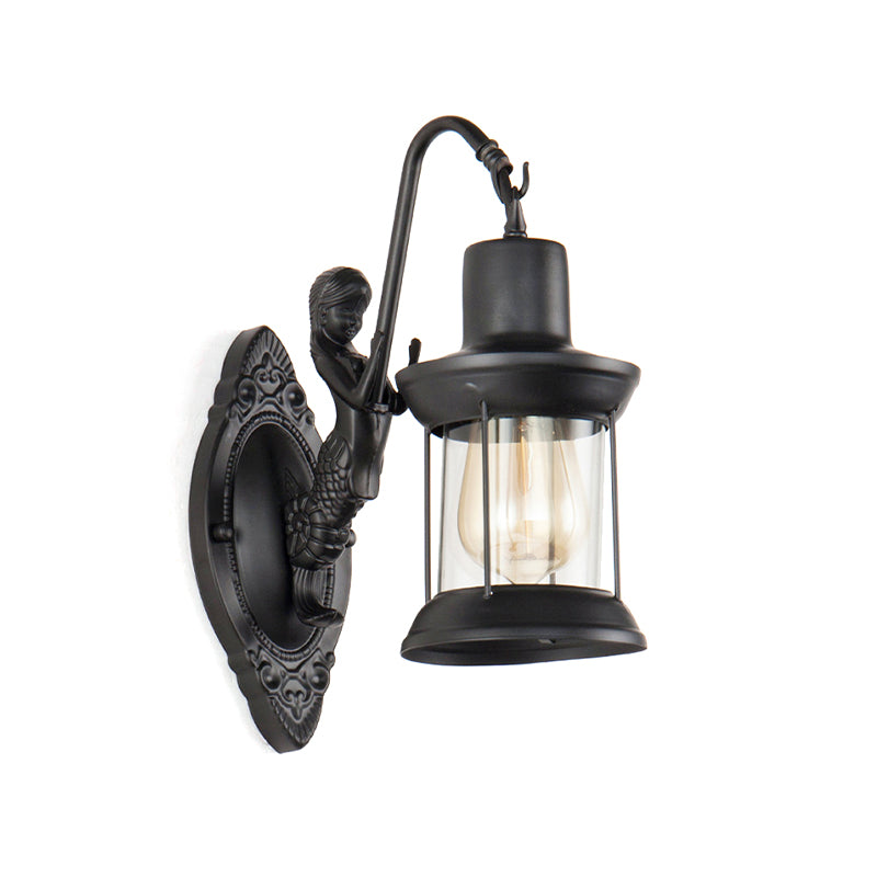 Skørter | 1 Light Clear Glass Wall Sconce Light Industrial Black Lantern Outdoor Lighting Fixture with Mermaid Decoration