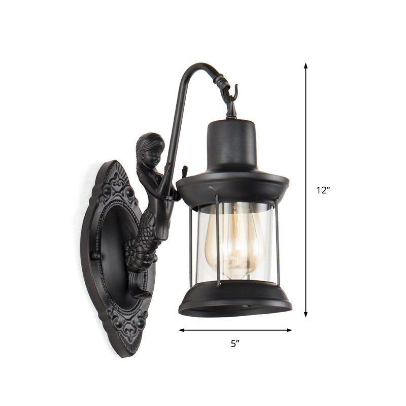 Skørter | 1 Light Clear Glass Wall Sconce Light Industrial Black Lantern Outdoor Lighting Fixture with Mermaid Decoration