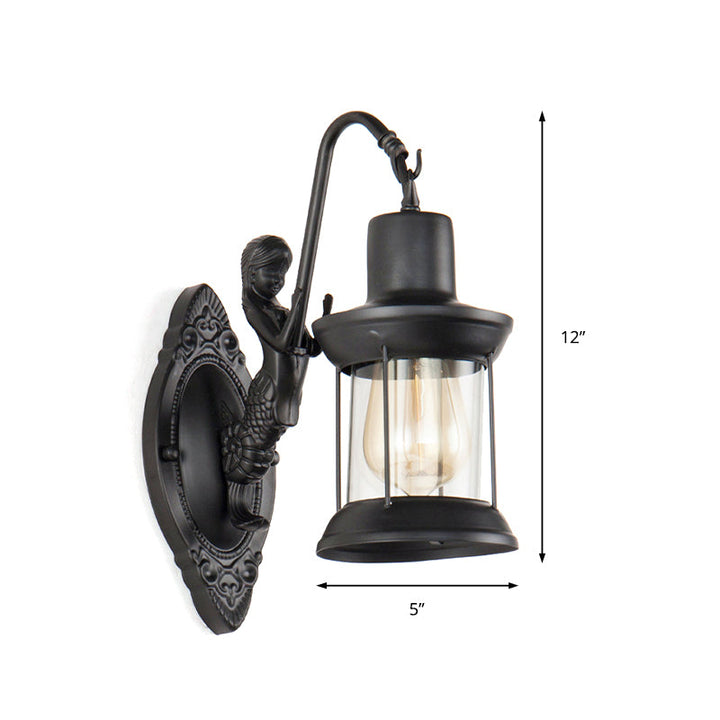 Skørter | 1 Light Clear Glass Wall Sconce Light Industrial Black Lantern Outdoor Lighting Fixture with Mermaid Decoration
