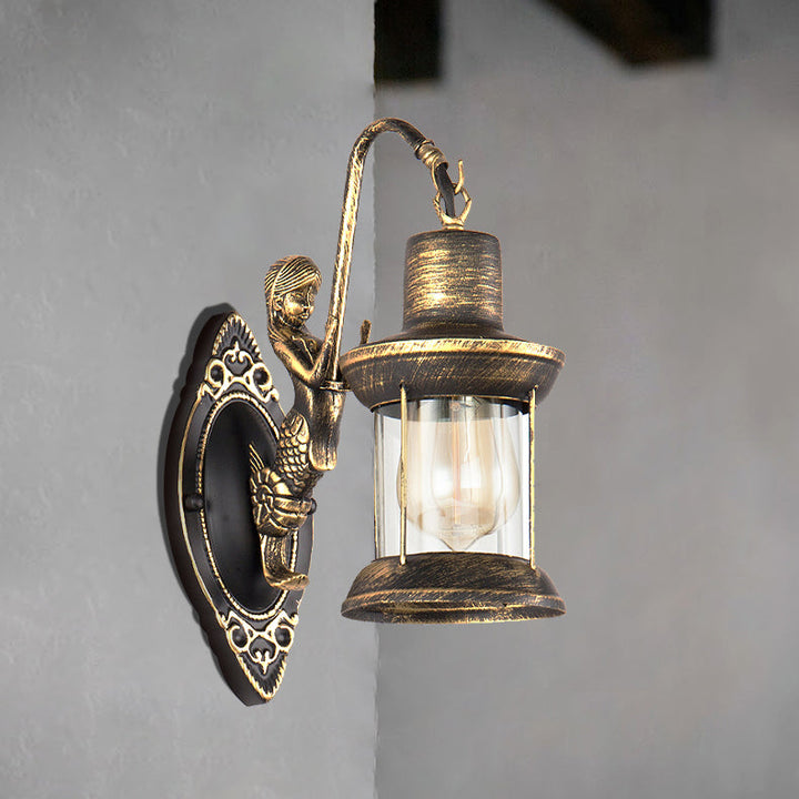 Skørter | Clear Glass Bronze Wall Light Lantern 1-Light Industrial Wall Lamp Fixture with Mermaid Decoration