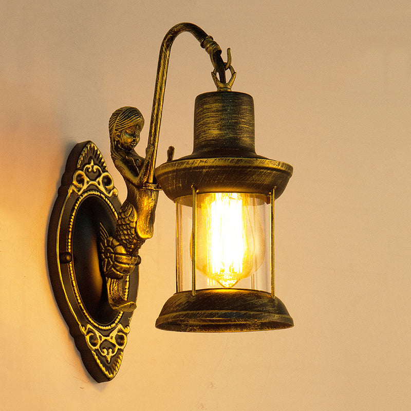 Skørter | Clear Glass Bronze Wall Light Lantern 1-Light Industrial Wall Lamp Fixture with Mermaid Decoration