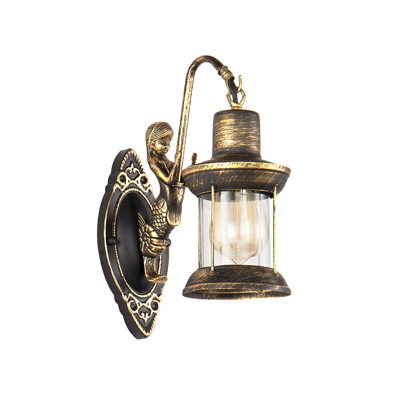 Skørter | Clear Glass Bronze Wall Light Lantern 1-Light Industrial Wall Lamp Fixture with Mermaid Decoration