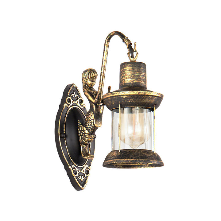 Skørter | Clear Glass Bronze Wall Light Lantern 1-Light Industrial Wall Lamp Fixture with Mermaid Decoration