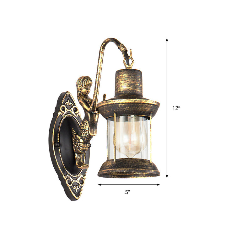 Skørter | Clear Glass Bronze Wall Light Lantern 1-Light Industrial Wall Lamp Fixture with Mermaid Decoration