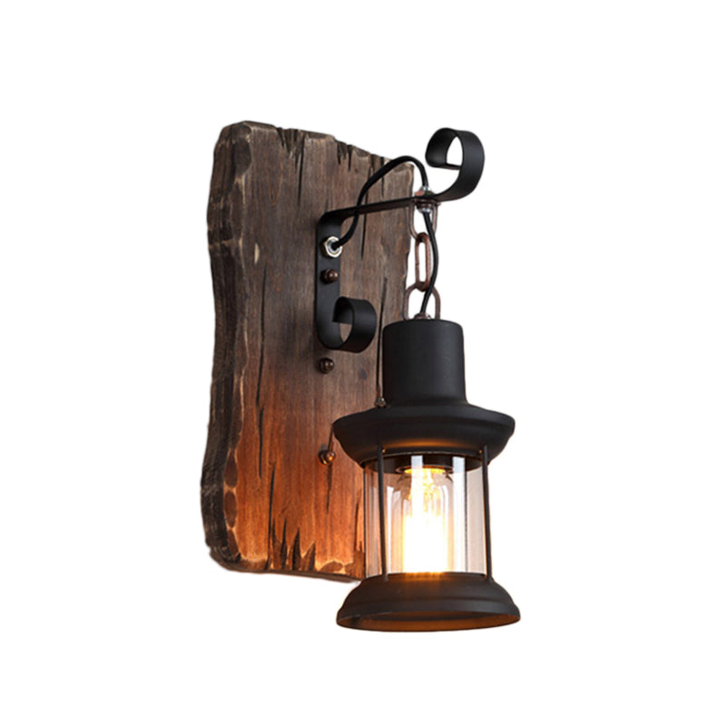 Lisslune | Black One-Light Wall Sconce Rustic Clear Glass with Grid Lighting and Wood Back Panel