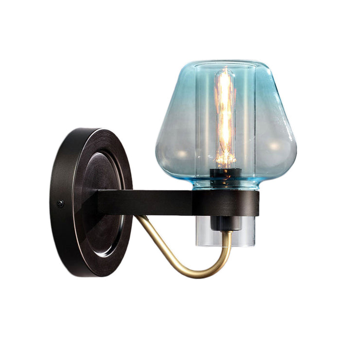 Lisslune | Tapered Shade Bedroom Wall Light Modern Blue Glass 1 Light Black Wall Lamp