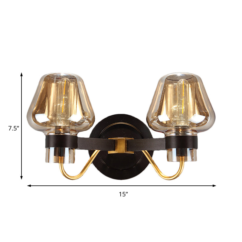 Lisslune | 2-Lamp Mushroom Wall Light Modern Black Amber Glass Wall Lamp for Living Room