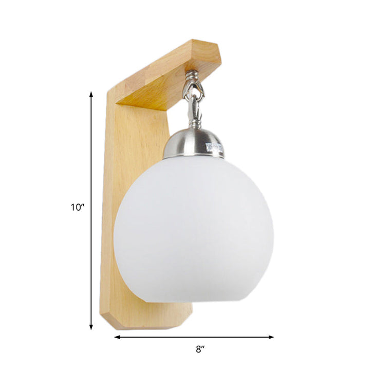 Lisslune | Opal Glass Globe Shade Wall Lamp Industrial 1 Light Bedroom Lighting Fixture with Wooden Back Plate