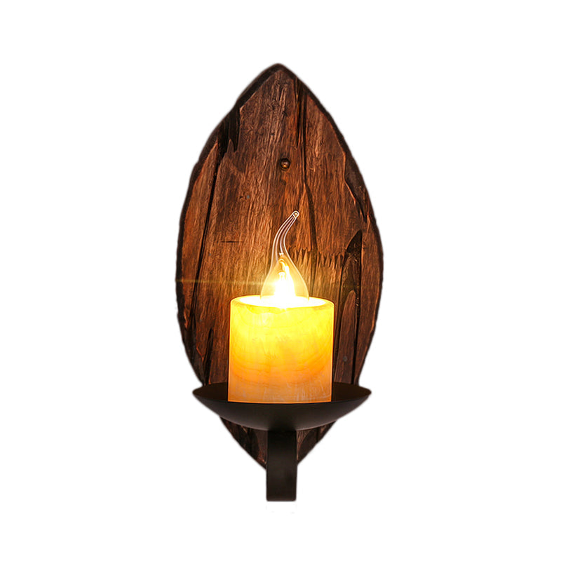 Lisslune | Cylinder Coffee Shop Wall Light Fixture Artificial Marble 1 Light Brown Wall Lamp with Wood Semi-Cap/Base/Rectangle Base