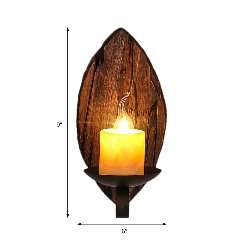 Lisslune | Cylinder Coffee Shop Wall Light Fixture Artificial Marble 1 Light Brown Wall Lamp with Wood Semi-Cap/Base/Rectangle Base
