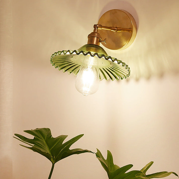 Lisslune | Industrial Bowl Wall Lighting Fixture 1 Bulb Green Glass Wall Light in Brass
