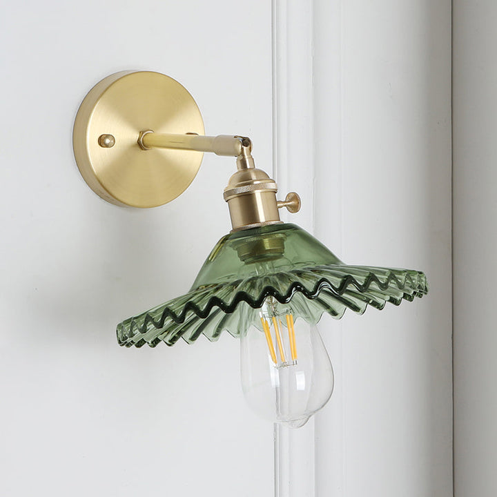 Lisslune | Industrial Bowl Wall Lighting Fixture 1 Bulb Green Glass Wall Light in Brass